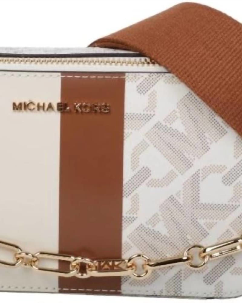 Front of a size one-size-fits-all Jet Set Small Double Zip Camera Chain Xbody Bag in Vanilla/Luggage in Vanilla/Luggage by Michael Kors. | dia_product_style_image_id:345468